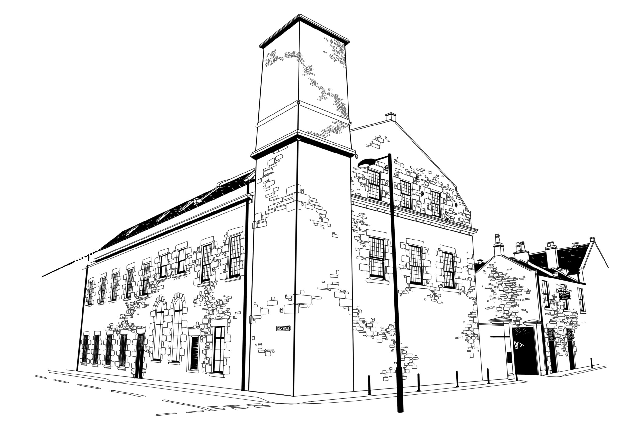 Black and white sketch of Verdant Works Museum mill in Dundee